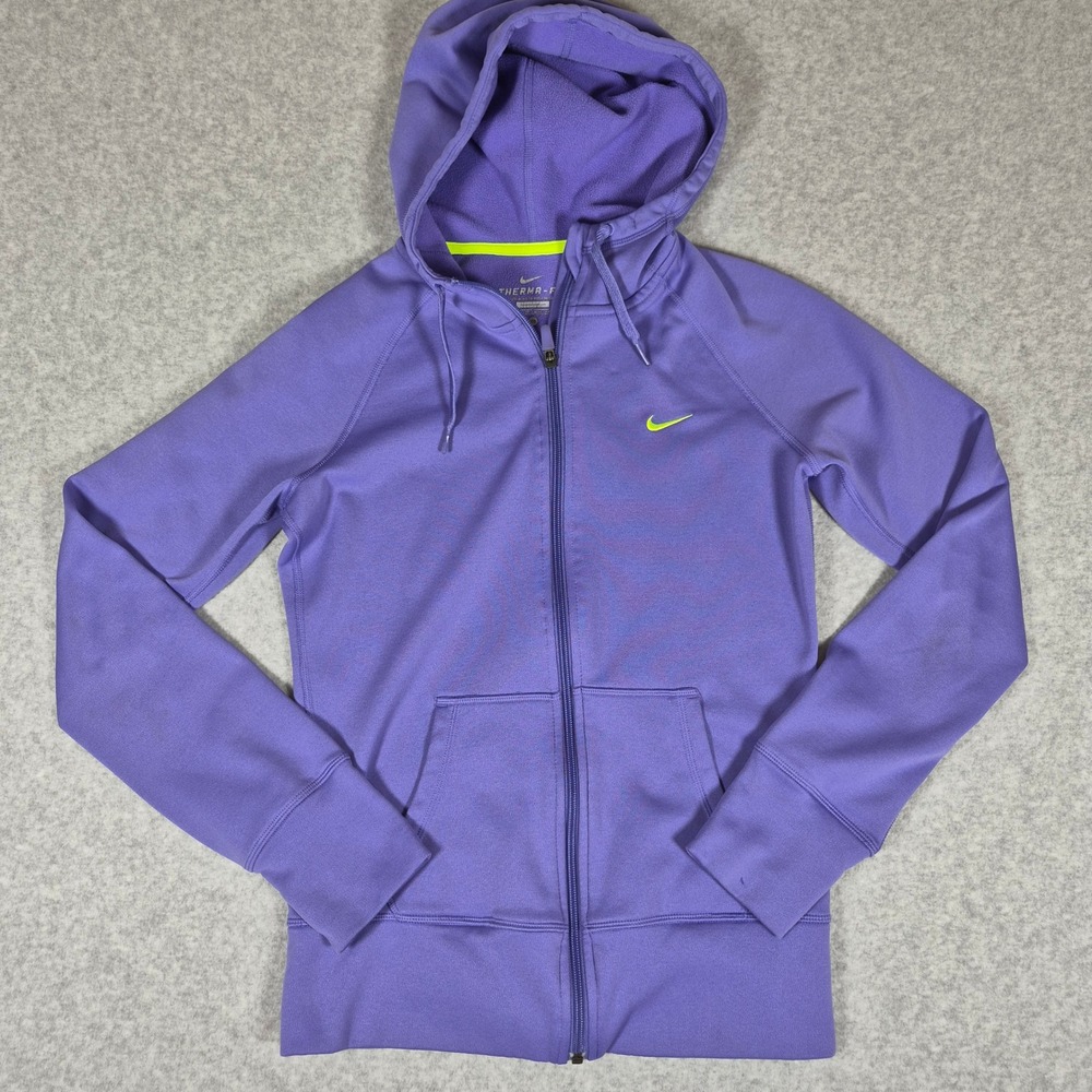 Nike Full Zip Hoodie Women XS Purple Therma-FIT Neon Swoosh Activewear